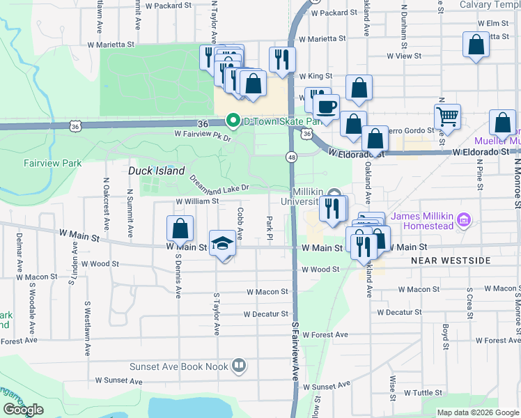 map of restaurants, bars, coffee shops, grocery stores, and more near W William St in Decatur
