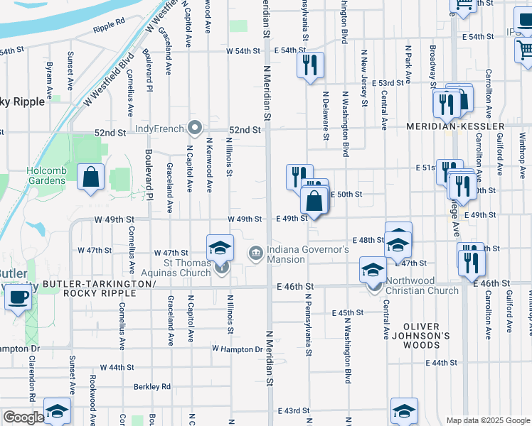 map of restaurants, bars, coffee shops, grocery stores, and more near 4910 North Meridian Street in Indianapolis