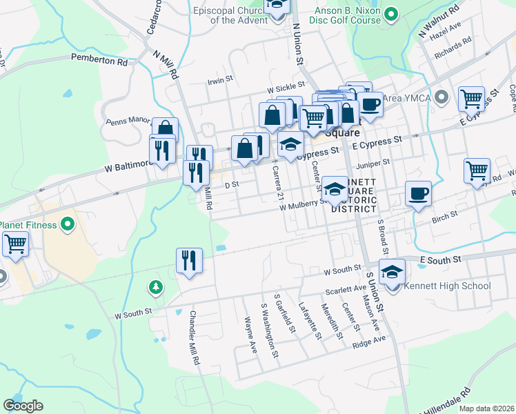 map of restaurants, bars, coffee shops, grocery stores, and more near 505 West Mulberry Street in Kennett Square