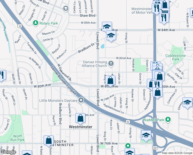 map of restaurants, bars, coffee shops, grocery stores, and more near 8061 Lowell Boulevard in Westminster