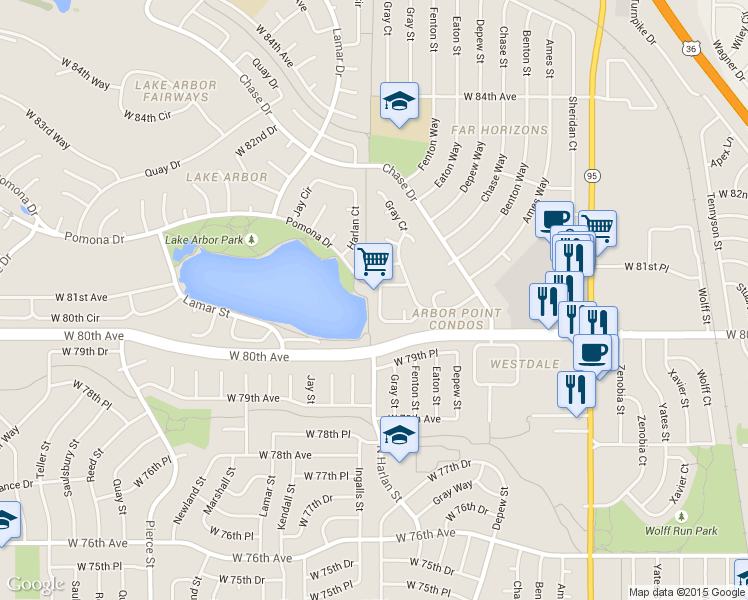 map of restaurants, bars, coffee shops, grocery stores, and more near 5836 West 80th Circle in Arvada