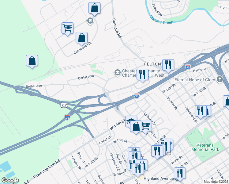 map of restaurants, bars, coffee shops, grocery stores, and more near in Chester