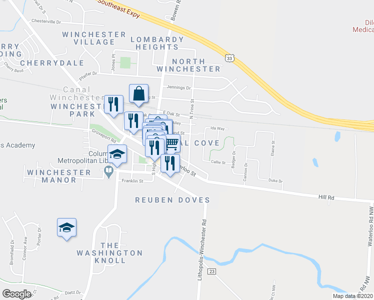 map of restaurants, bars, coffee shops, grocery stores, and more near 44 North Trine Street in Canal Winchester