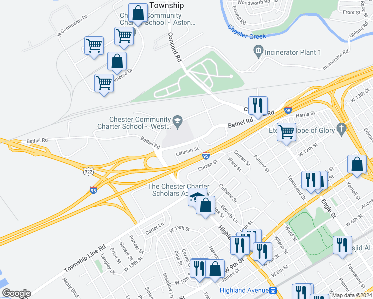 map of restaurants, bars, coffee shops, grocery stores, and more near 2722 Lehman Street in Chester