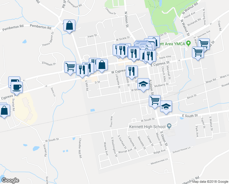 map of restaurants, bars, coffee shops, grocery stores, and more near 415 West Mulberry Street in Kennett Square