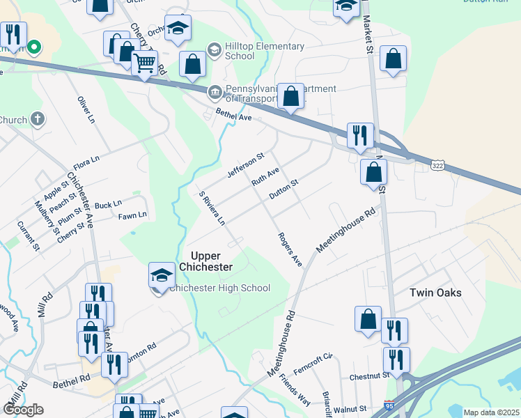 map of restaurants, bars, coffee shops, grocery stores, and more near 3526 Rogers Avenue in Upper Chichester