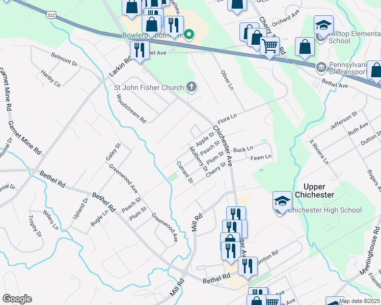 map of restaurants, bars, coffee shops, grocery stores, and more near 4018 Mulberry Street in Boothwyn