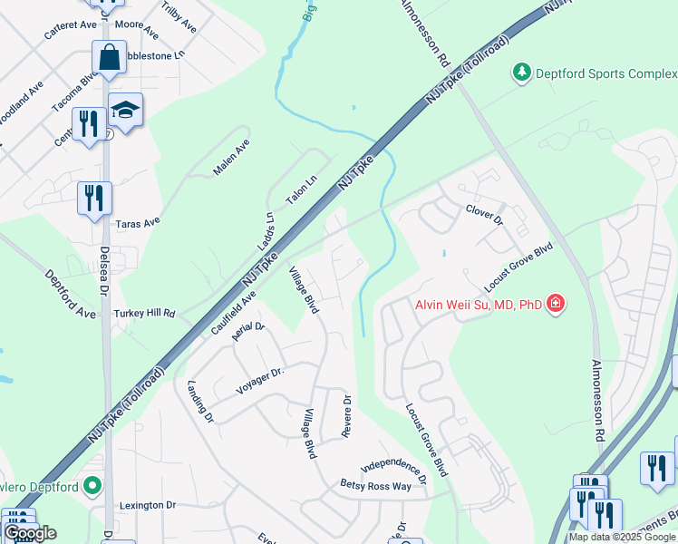 map of restaurants, bars, coffee shops, grocery stores, and more near 416 Dogwood Drive in Deptford