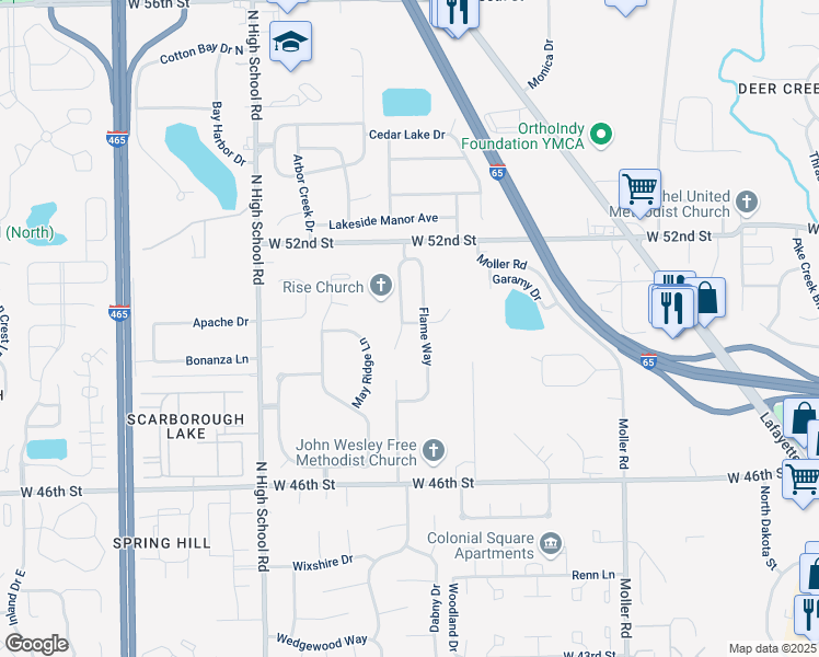 map of restaurants, bars, coffee shops, grocery stores, and more near 4945 Whisenand Drive in Indianapolis