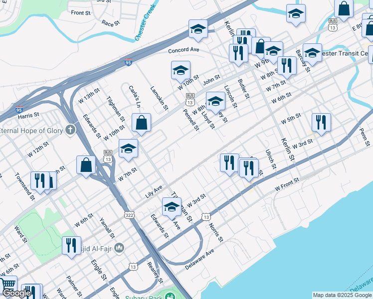 map of restaurants, bars, coffee shops, grocery stores, and more near 1333 West 7th Street in Chester