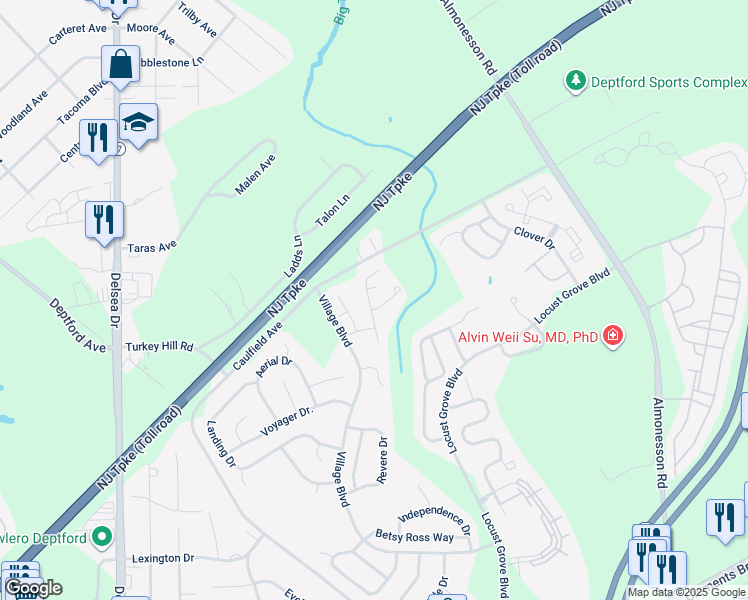 map of restaurants, bars, coffee shops, grocery stores, and more near 416 Dogwood Drive in Deptford