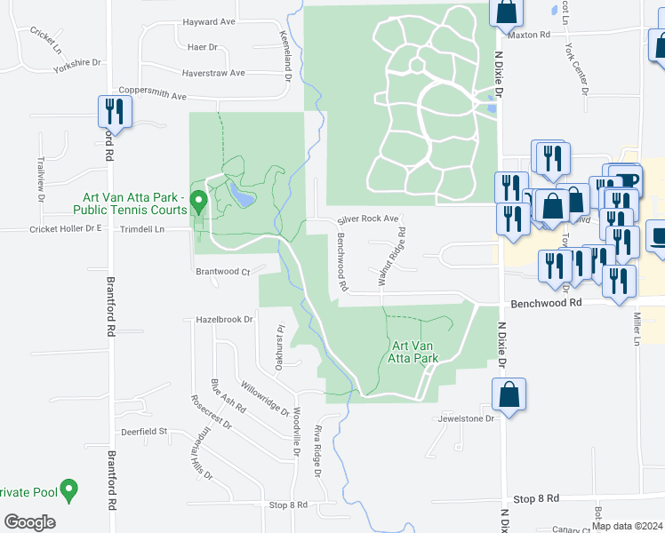 map of restaurants, bars, coffee shops, grocery stores, and more near 3026 Benchwood Rd in Dayton