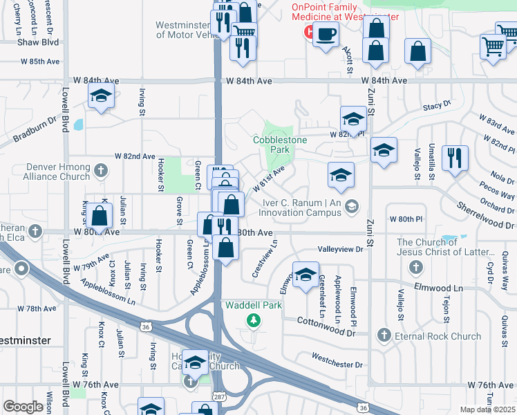 map of restaurants, bars, coffee shops, grocery stores, and more near 8069 Decatur Court in Westminster