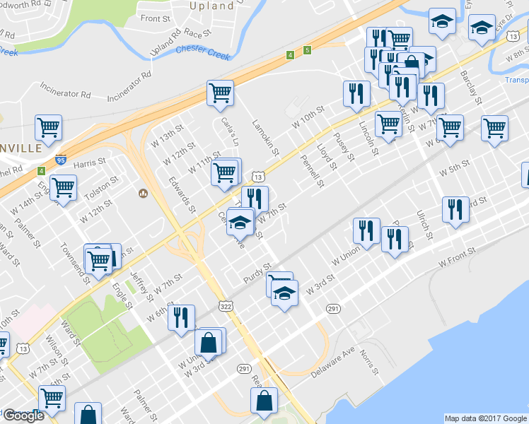 map of restaurants, bars, coffee shops, grocery stores, and more near 1402 West 7th Street in Chester