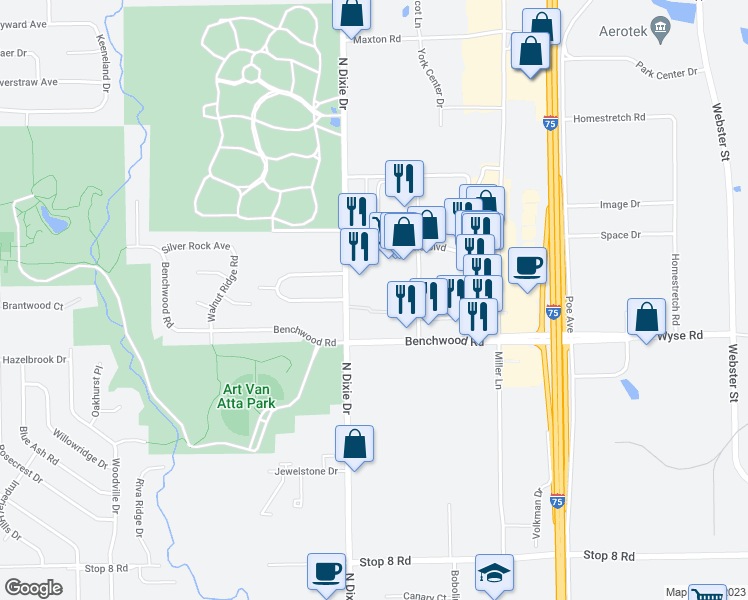 map of restaurants, bars, coffee shops, grocery stores, and more near 3503 Spanish Villa Drive in Dayton