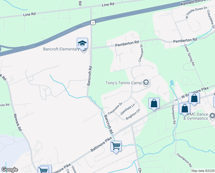 map of restaurants, bars, coffee shops, grocery stores, and more near 162 Bancroft Road in Kennett Square