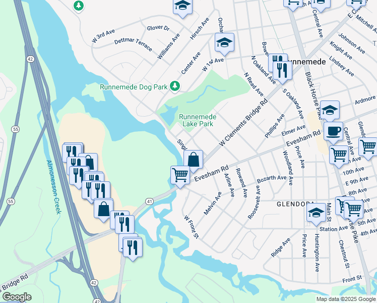 map of restaurants, bars, coffee shops, grocery stores, and more near 42 Singley Avenue in Runnemede