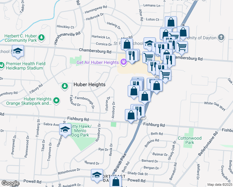 map of restaurants, bars, coffee shops, grocery stores, and more near 6106 Ansbury Drive in Dayton
