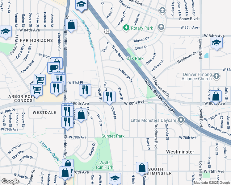 map of restaurants, bars, coffee shops, grocery stores, and more near 8060 Stuart Place in Westminster