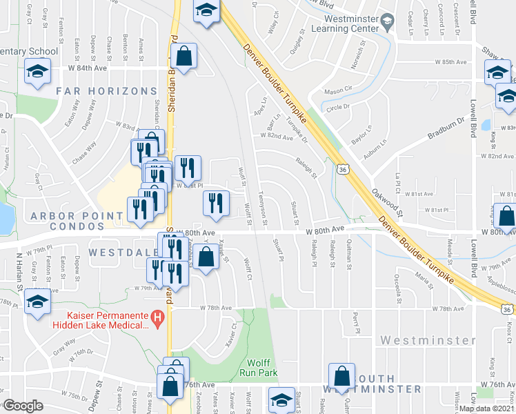 map of restaurants, bars, coffee shops, grocery stores, and more near 8061 Tennyson Street in Westminster