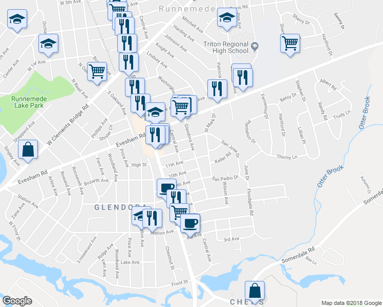 map of restaurants, bars, coffee shops, grocery stores, and more near 1109 Glendora Avenue in Camden County