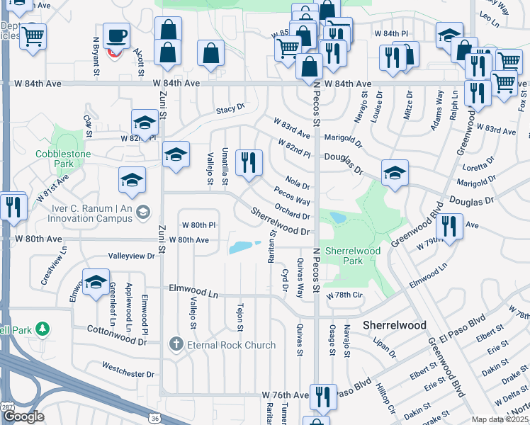 map of restaurants, bars, coffee shops, grocery stores, and more near 1841 Sherrelwood Drive in Denver