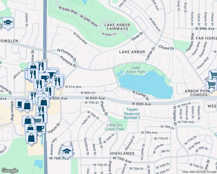 map of restaurants, bars, coffee shops, grocery stores, and more near 6492 West 81st Avenue in Arvada