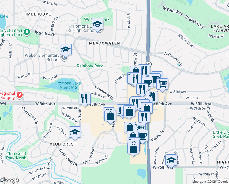 map of restaurants, bars, coffee shops, grocery stores, and more near 8042 Ammons Way in Arvada