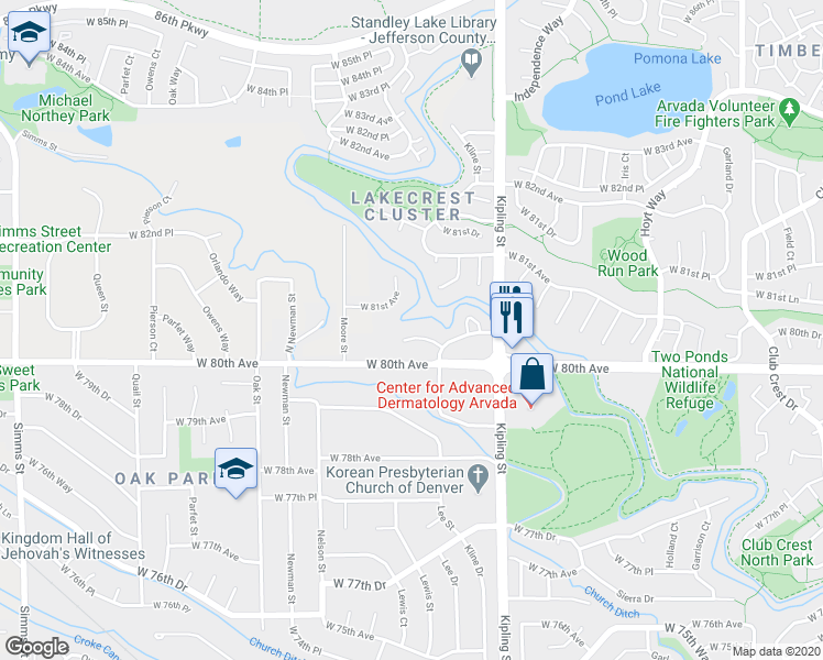 map of restaurants, bars, coffee shops, grocery stores, and more near 10333 West 80th Drive in Arvada