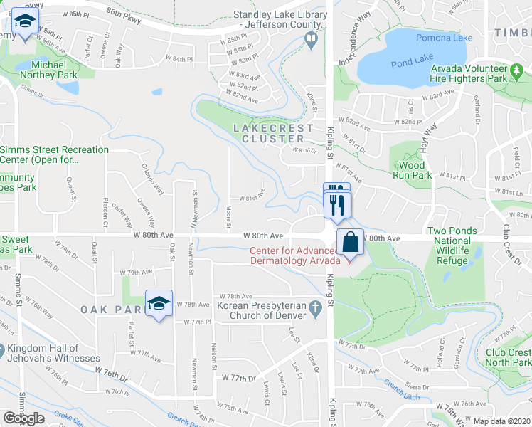 map of restaurants, bars, coffee shops, grocery stores, and more near 10333 West 80th Drive in Arvada