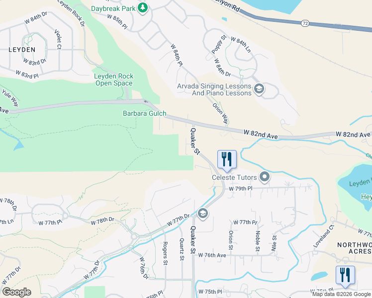 map of restaurants, bars, coffee shops, grocery stores, and more near 8081 Quaker Street in Arvada