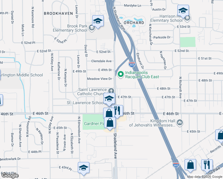 map of restaurants, bars, coffee shops, grocery stores, and more near 4717 North 48th Street in Lawrence