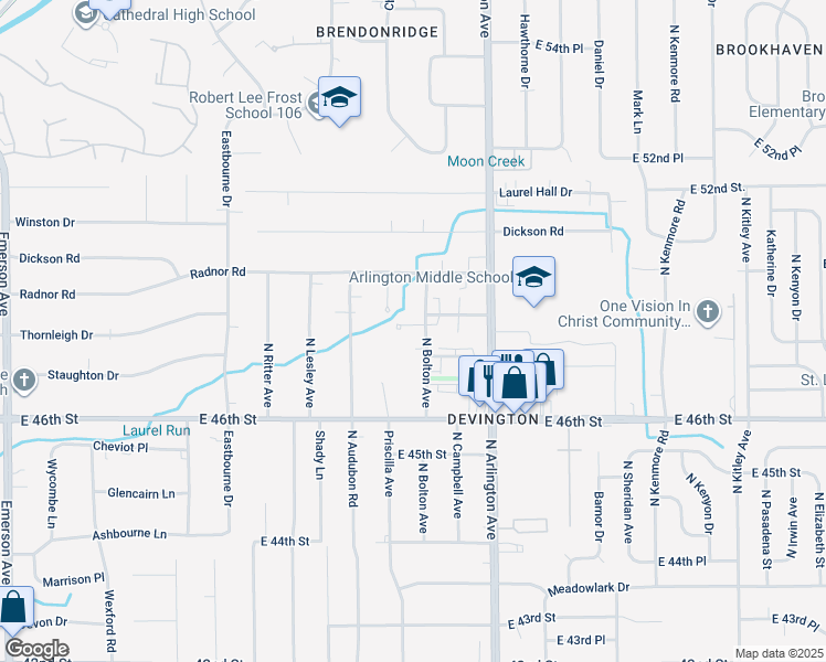 map of restaurants, bars, coffee shops, grocery stores, and more near 5840 Devington Circle in Indianapolis