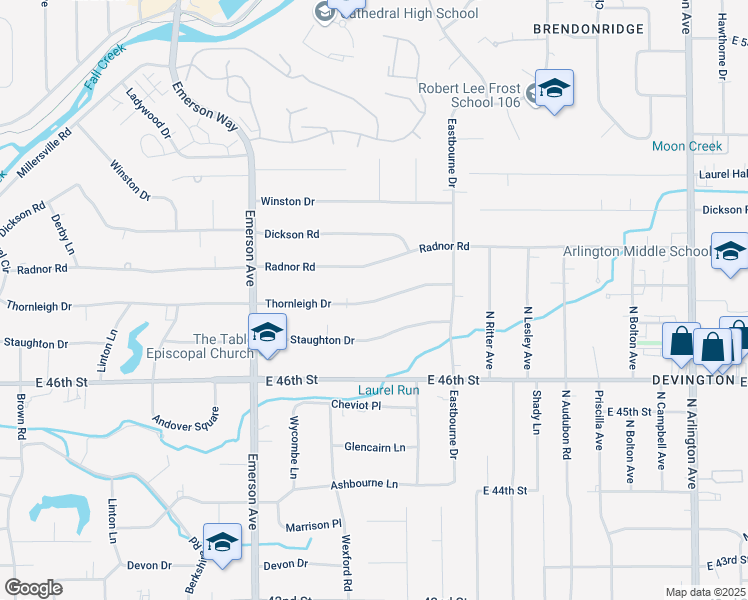 map of restaurants, bars, coffee shops, grocery stores, and more near 5222 Thornleigh Drive in Indianapolis