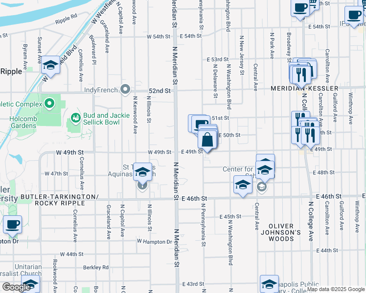 map of restaurants, bars, coffee shops, grocery stores, and more near 4910 North Meridian Street in Indianapolis