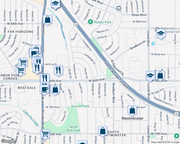 map of restaurants, bars, coffee shops, grocery stores, and more near 8061 Raleigh Place in Westminster
