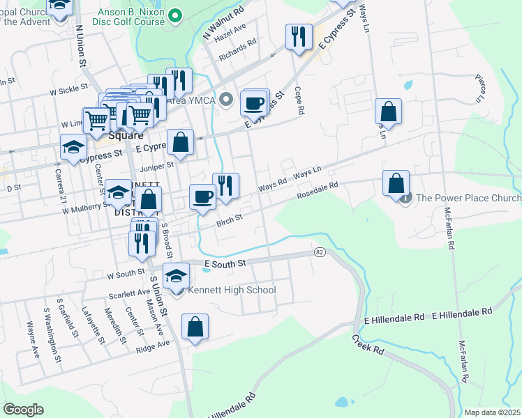 map of restaurants, bars, coffee shops, grocery stores, and more near 600 South Walnut Street in Kennett Square