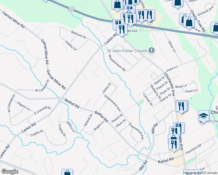 map of restaurants, bars, coffee shops, grocery stores, and more near 1717 Galey Street in Boothwyn