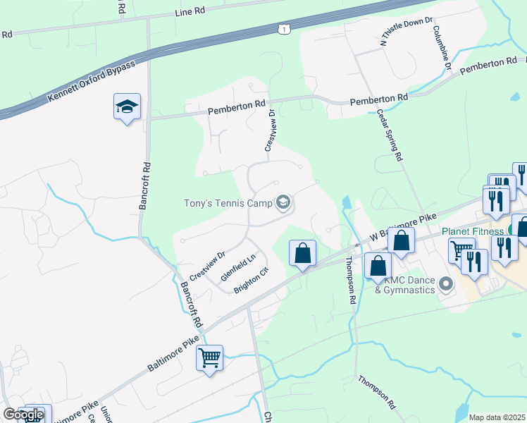 map of restaurants, bars, coffee shops, grocery stores, and more near 521 Hawthorne Lane in Kennett Square