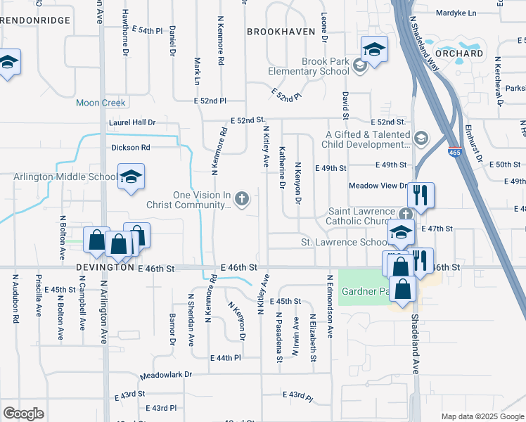 map of restaurants, bars, coffee shops, grocery stores, and more near 4728 North Kitley Avenue in Indianapolis