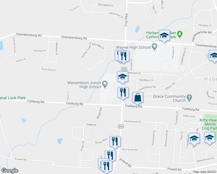 map of restaurants, bars, coffee shops, grocery stores, and more near 6061 Troy Pike in Huber Heights