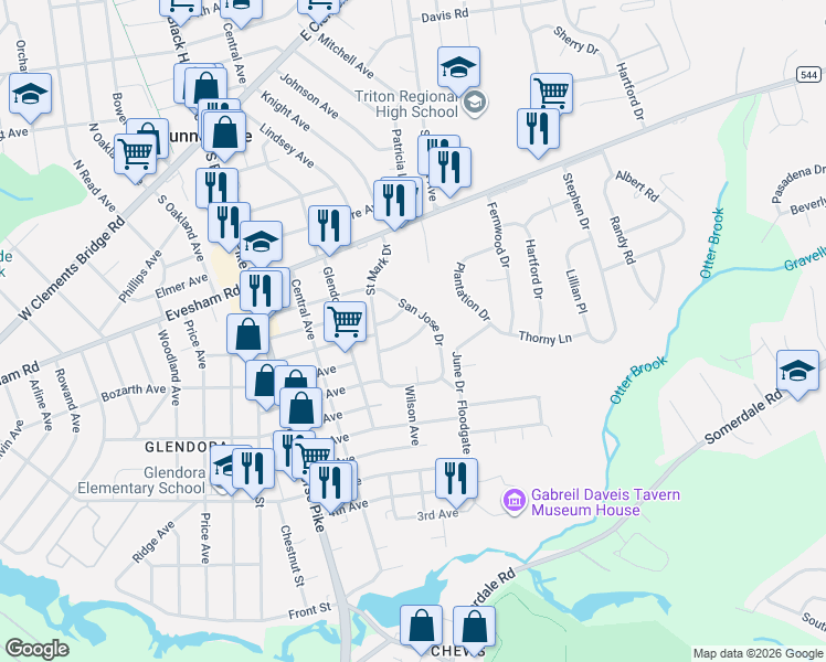 map of restaurants, bars, coffee shops, grocery stores, and more near 521 Keller Road in Gloucester Township