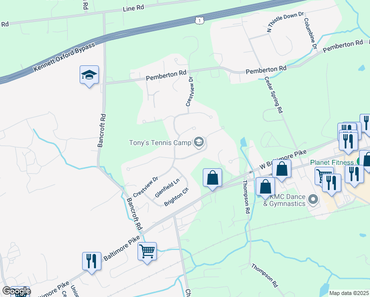 map of restaurants, bars, coffee shops, grocery stores, and more near 521 Hawthorne Lane in Kennett Square