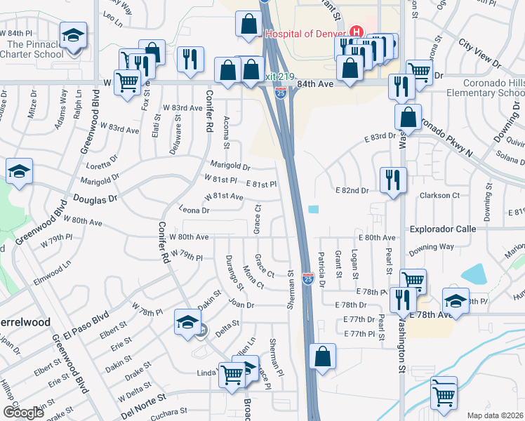 map of restaurants, bars, coffee shops, grocery stores, and more near 8068 Grace Court in Denver