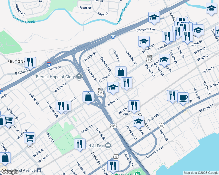 map of restaurants, bars, coffee shops, grocery stores, and more near 1607 West 9th Street in Chester