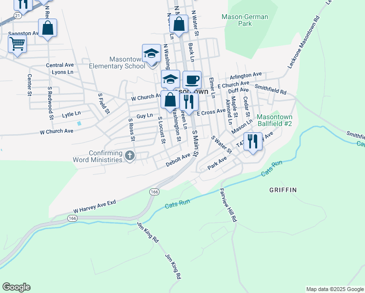 map of restaurants, bars, coffee shops, grocery stores, and more near 403 South Washington Street in Masontown