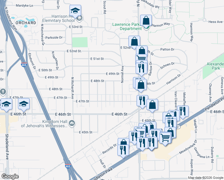 map of restaurants, bars, coffee shops, grocery stores, and more near 4740 Wellington Avenue in Lawrence