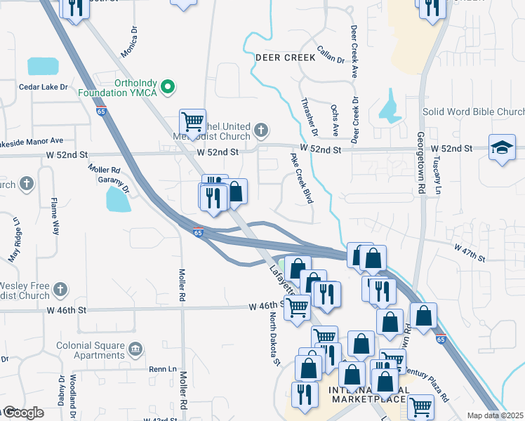 map of restaurants, bars, coffee shops, grocery stores, and more near 5249 Pike Creek Ln in Indianapolis