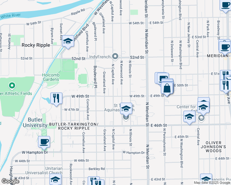 map of restaurants, bars, coffee shops, grocery stores, and more near 4913 North Capitol Avenue in Indianapolis