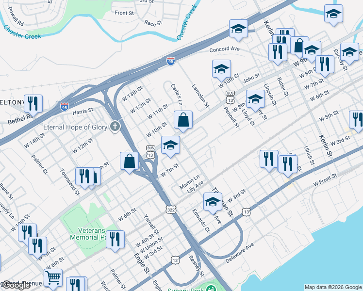map of restaurants, bars, coffee shops, grocery stores, and more near 800 Tilghman Street in Chester